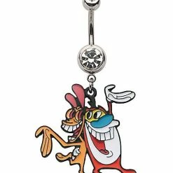 Budget 🛒 CZ Ren and Stimpy Dangle Belly Ring 14 Gauge - The Ren & Stimpy Show 💯